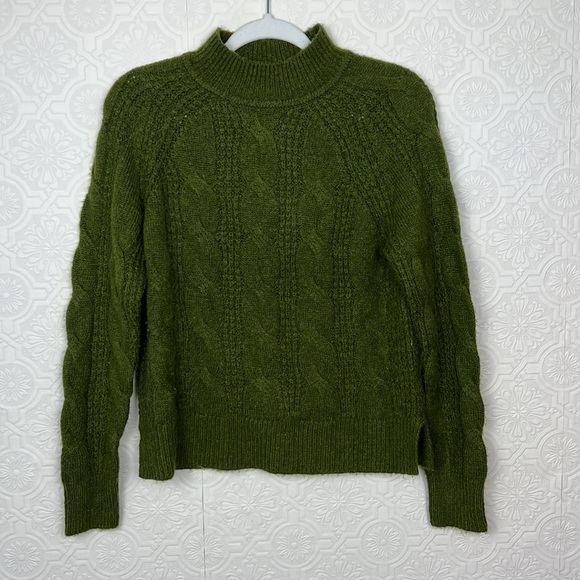 J Crew Mock Neck Cable Knit Sweater Emerald Forrest Green Alpaca JCrew Classic - Picture 1 of 10